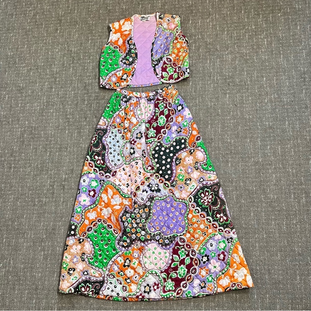 Vintage 1960’s Quilted Coordinating Set Vest & Skirt Pastel Multicolor